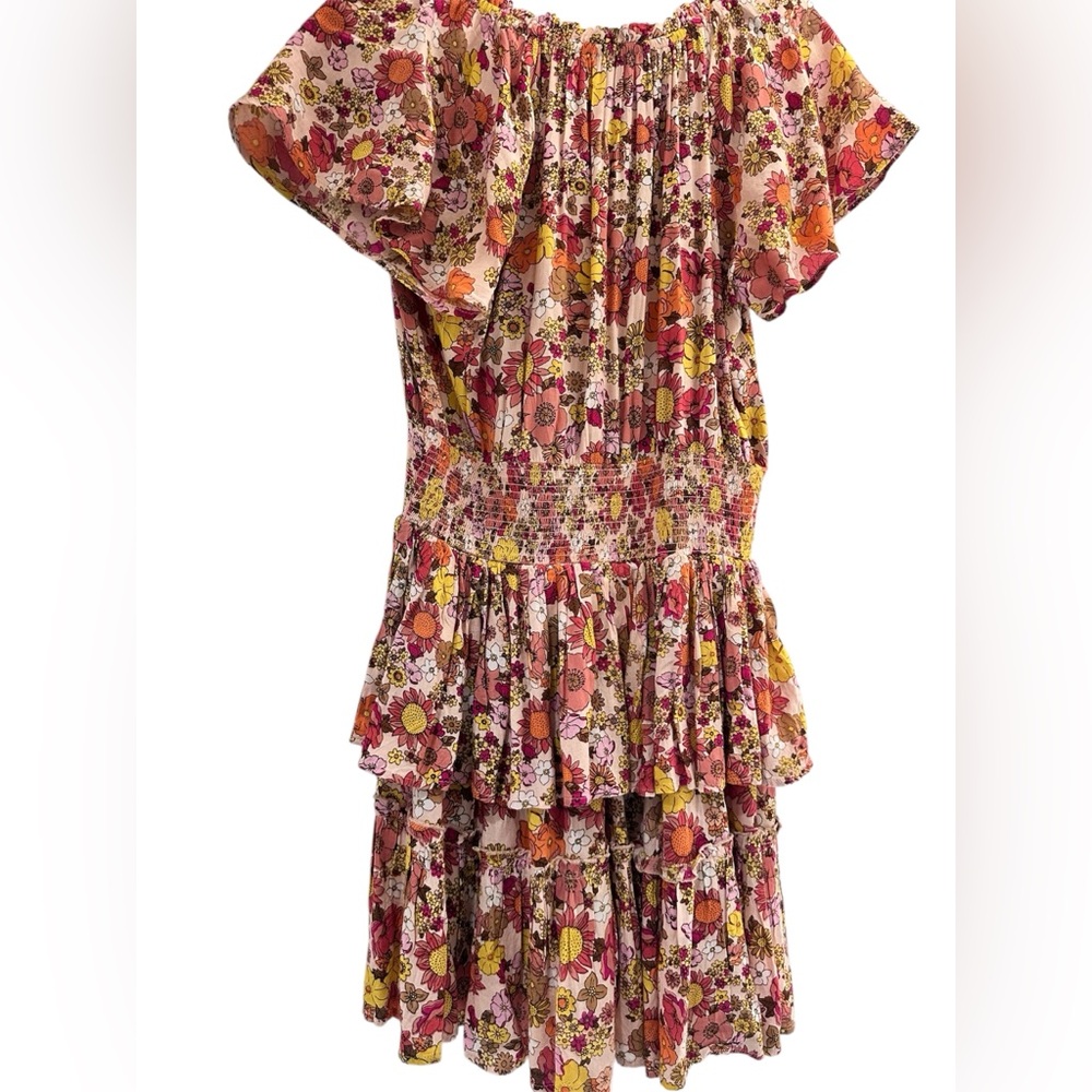 Patrons of Peace Floral Tiered Mini Dress - Pink, Yellow & Orange Size M